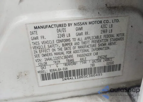 2005 Nissan Altima 2.5 S from USA, damaged, VIN 1N4AL11D05C360495